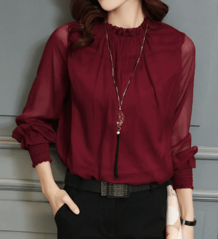 Elegante Blusa De Cuello Con Volantes Para Mujer | Manga Larga