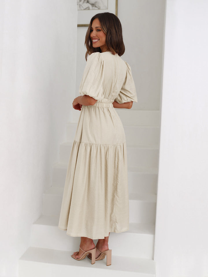 Vestido De Mujer Con Cuello En V Mangas Abullonadas Y Abertura | Maxi