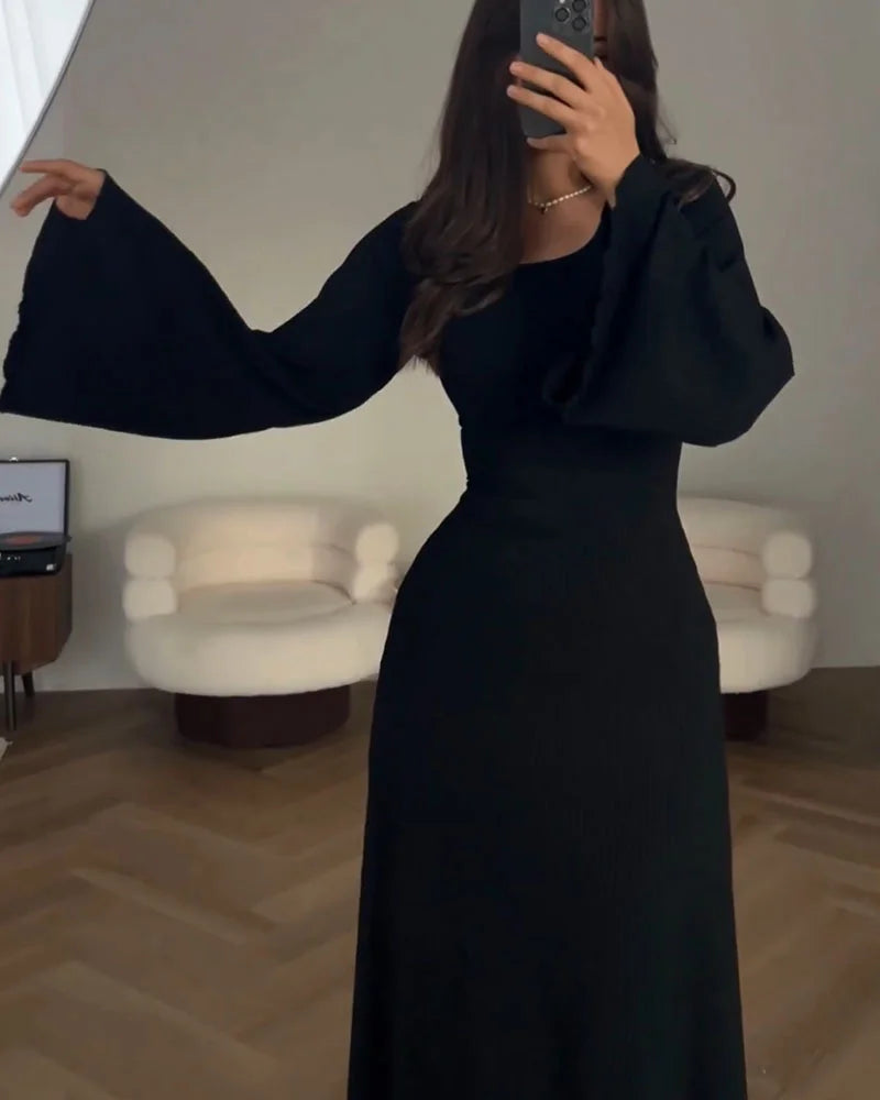 Vestido De Manga Larga De Punto Acanalado Para Mujer | Maxi