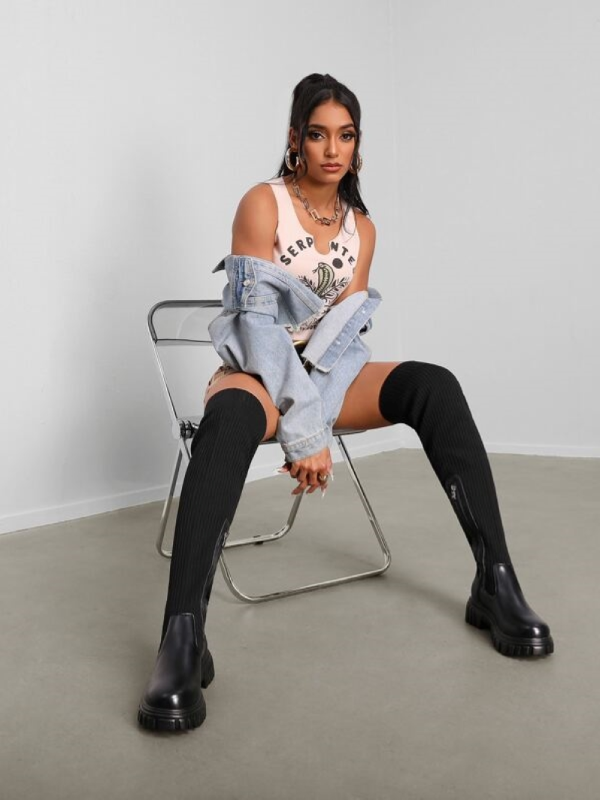 Wysokie kozaki za udo bez sznurowadeł dla kobiet | Platforma