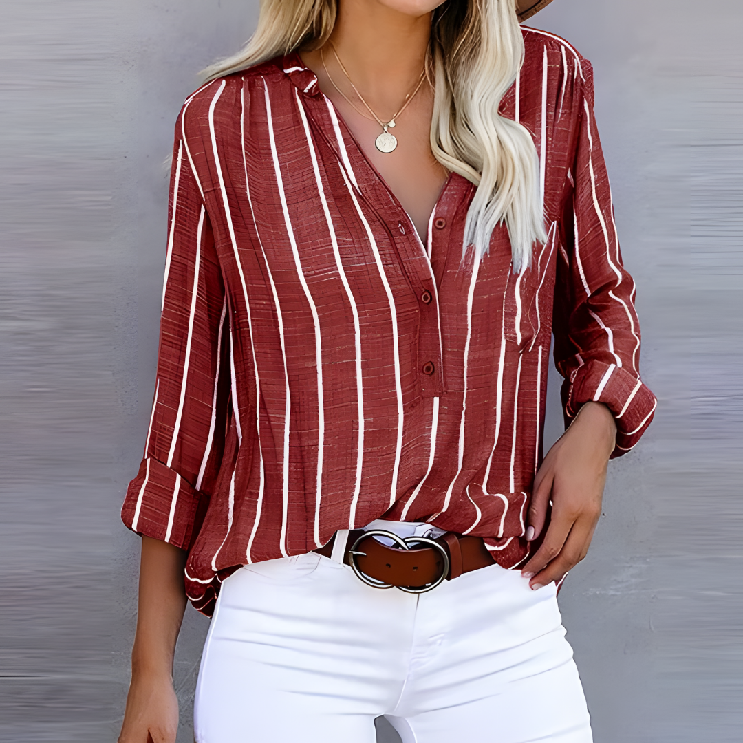 Blusa A Rayas Con Mangas Largas Para Mujer | Medio Botón