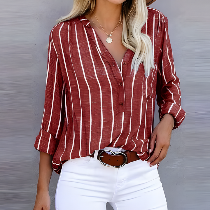 Blusa A Rayas Con Mangas Largas Para Mujer | Medio Botón
