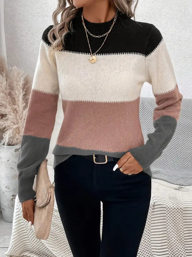 Jersey De Manga Larga De Punto Informal Para Mujer | Cuello Redondo
