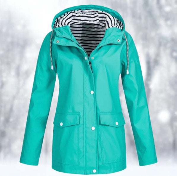 Chaqueta Larga Impermeable Con Botones Para Mujer | Capucha