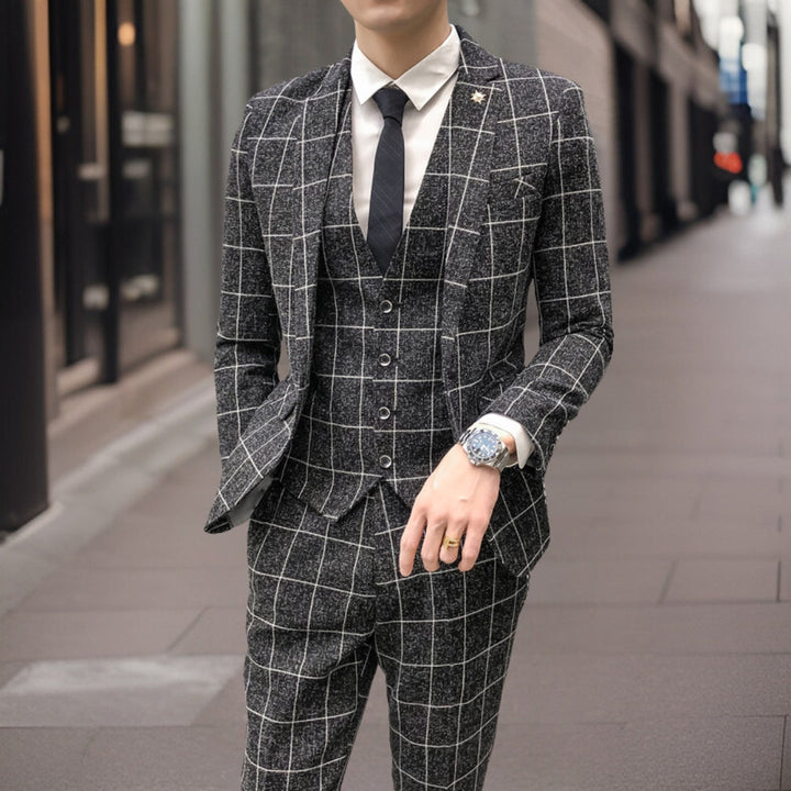 Traje De Tres Piezas Corte Ajustado Para Invitados A Bodas | Estampado A Cuadros