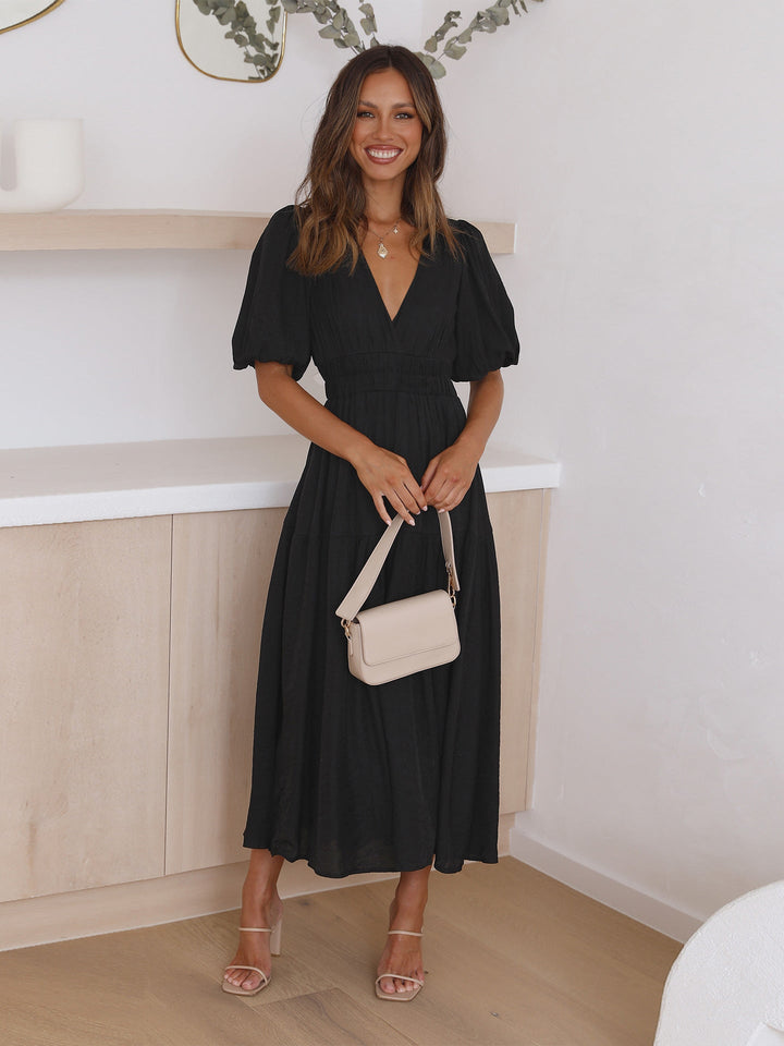 Vestido De Mujer Con Cuello En V Mangas Abullonadas Y Abertura | Maxi