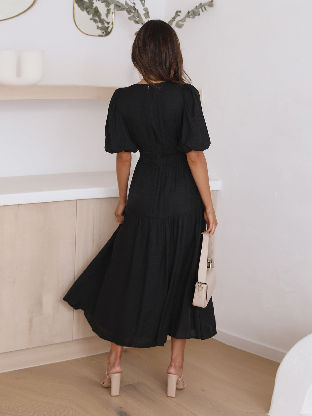 Vestido De Mujer Con Cuello En V Mangas Abullonadas Y Abertura | Maxi