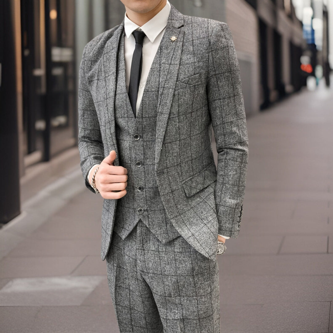 Traje De Tres Piezas Corte Ajustado Para Invitados A Bodas | Estampado A Cuadros
