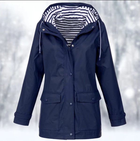 Chaqueta Larga Impermeable Con Botones Para Mujer | Capucha