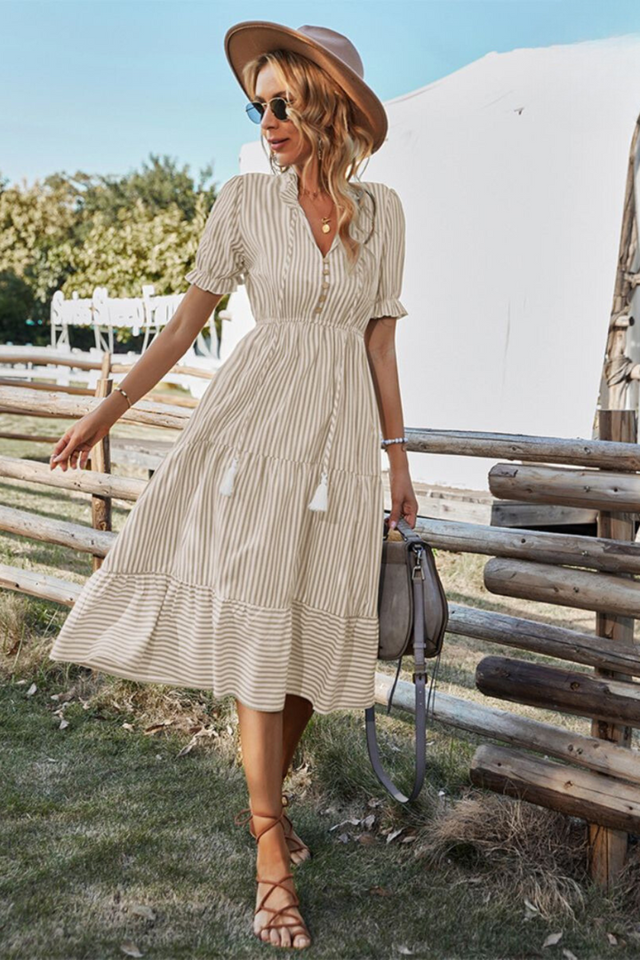 Vestido Estampado De Verano Para Mujer Con Mangas Cortas | Midi