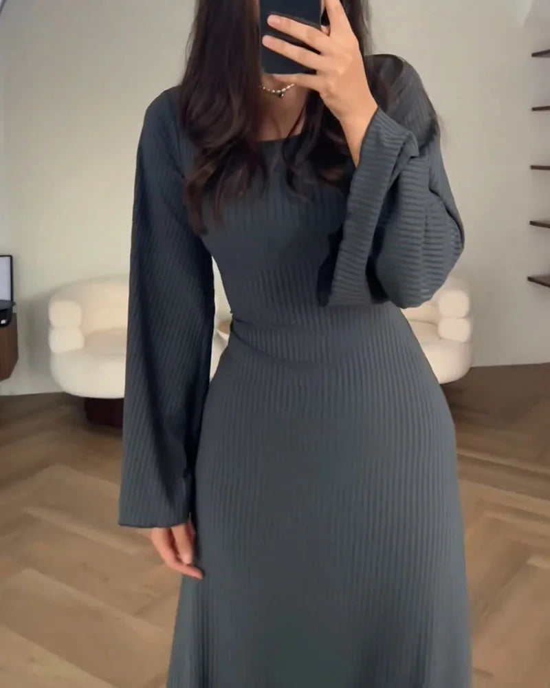 Vestido De Manga Larga De Punto Acanalado Para Mujer | Maxi