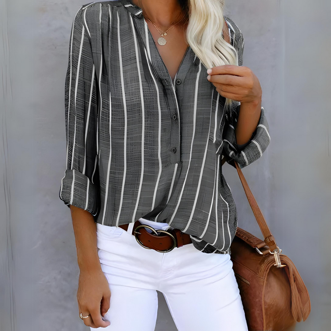 Blusa A Rayas Con Mangas Largas Para Mujer | Medio Botón