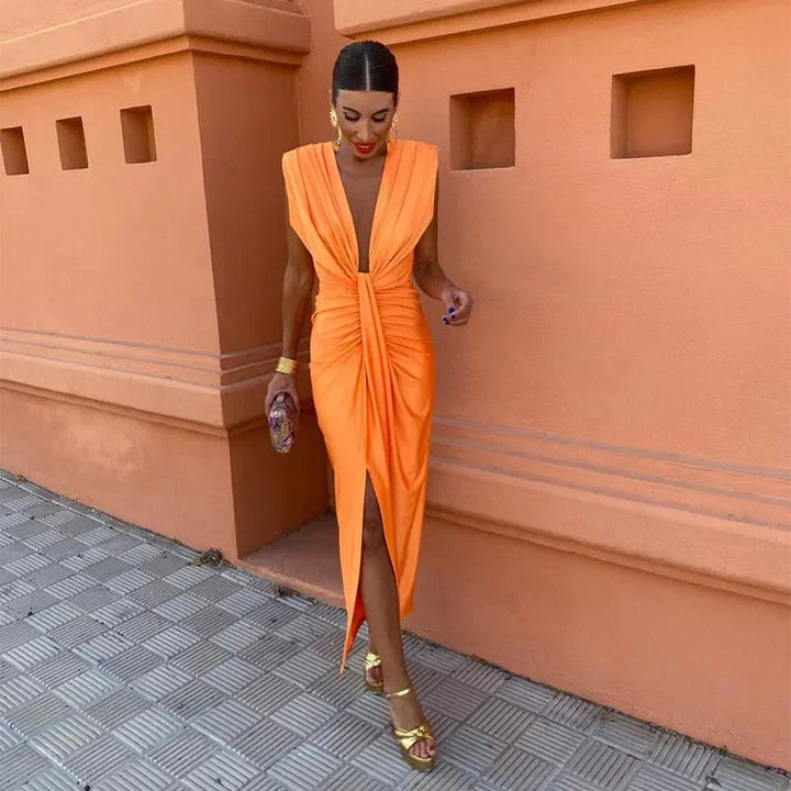 Vestido Acanalado Sin Mangas Con Cuello En V Para Mujer | Midi