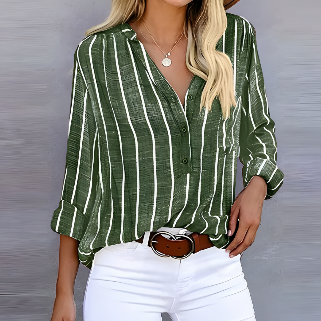 Blusa A Rayas Con Mangas Largas Para Mujer | Medio Botón