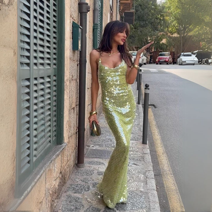 Długa sukienka z cekinami dla kobiet | Zielona | Nowy Rok