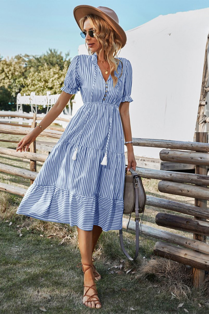 Vestido Estampado De Verano Para Mujer Con Mangas Cortas | Midi