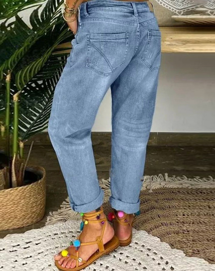 Vaqueros De Cintura Alta Con Botones Y Rotos Para Mujer | Casuales