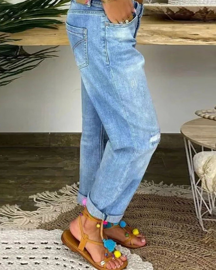 Vaqueros De Cintura Alta Con Botones Y Rotos Para Mujer | Casuales