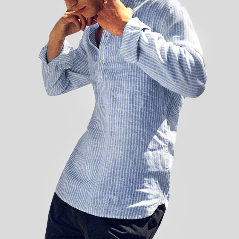 Camisa De Verano A Rayas Para Hombre Con Cuello Henley | Manga Larga