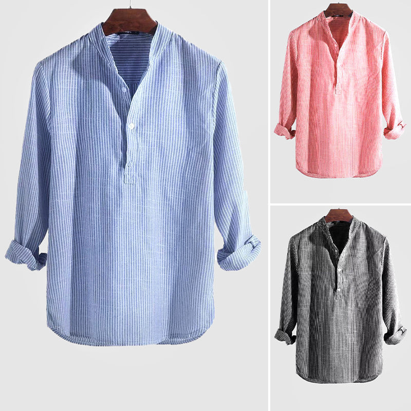 Camisa De Verano A Rayas Para Hombre Con Cuello Henley | Manga Larga