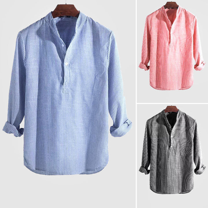 Camisa De Verano A Rayas Para Hombre Con Cuello Henley | Manga Larga