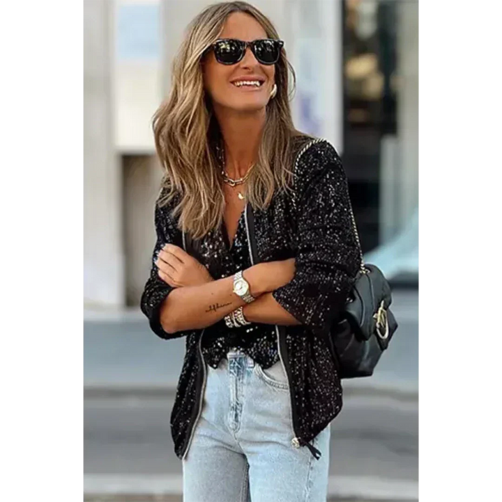 Chaqueta Corta Con Cremallera Para Mujer | Lentejuelas