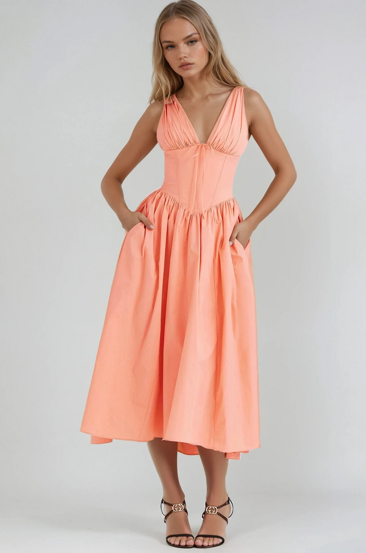 Vestido Sin Mangas Con Cuello En V Y Estampado Floral Para Mujer | Midi