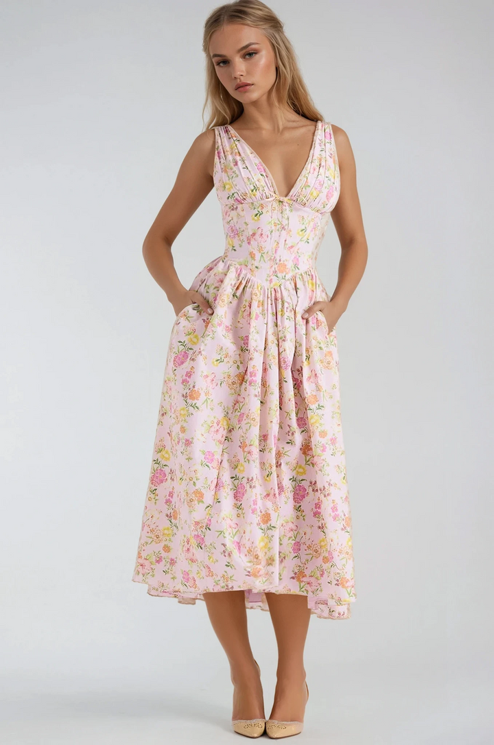 Vestido Sin Mangas Con Cuello En V Y Estampado Floral Para Mujer | Midi