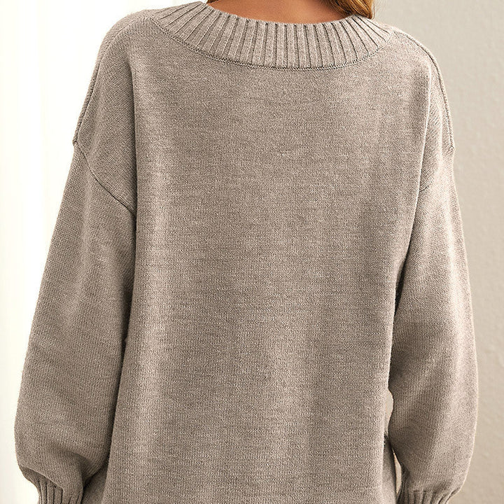 Jersey De Manga Larga Con Cuello En V Para Mujer | Dobladillo Acanalado