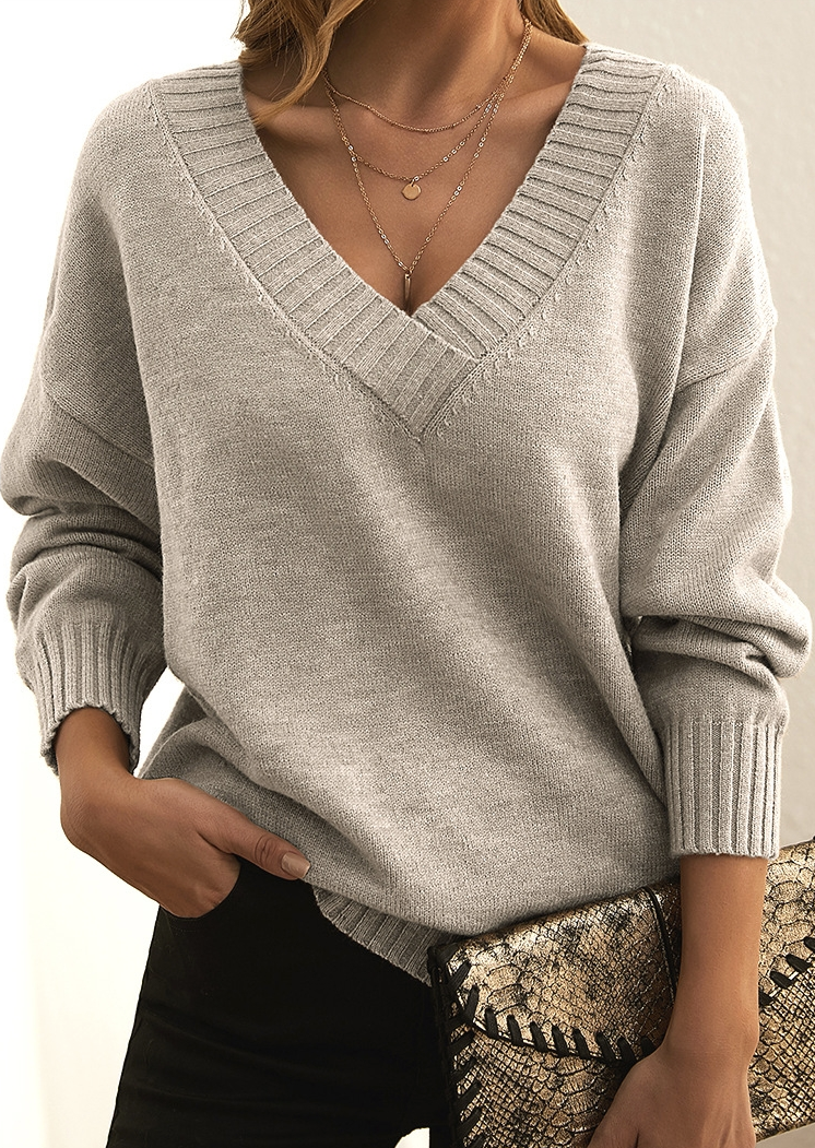 Jersey De Manga Larga Con Cuello En V Para Mujer | Dobladillo Acanalado