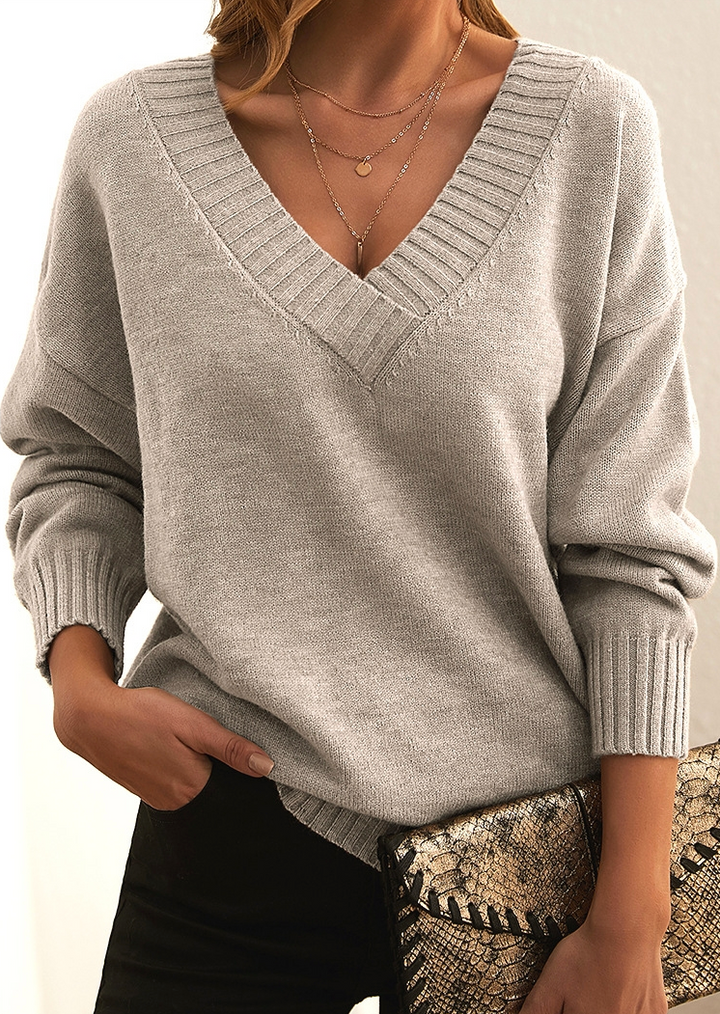 Jersey De Manga Larga Con Cuello En V Para Mujer | Dobladillo Acanalado