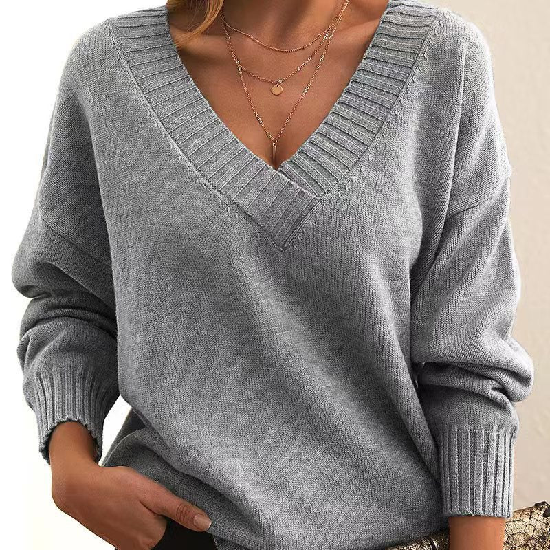 Jersey De Manga Larga Con Cuello En V Para Mujer | Dobladillo Acanalado