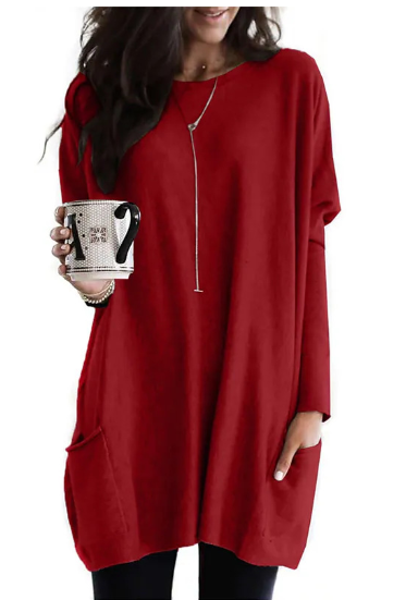 Długi damski sweter z okrągłym dekoltem | Wiele kieszeni