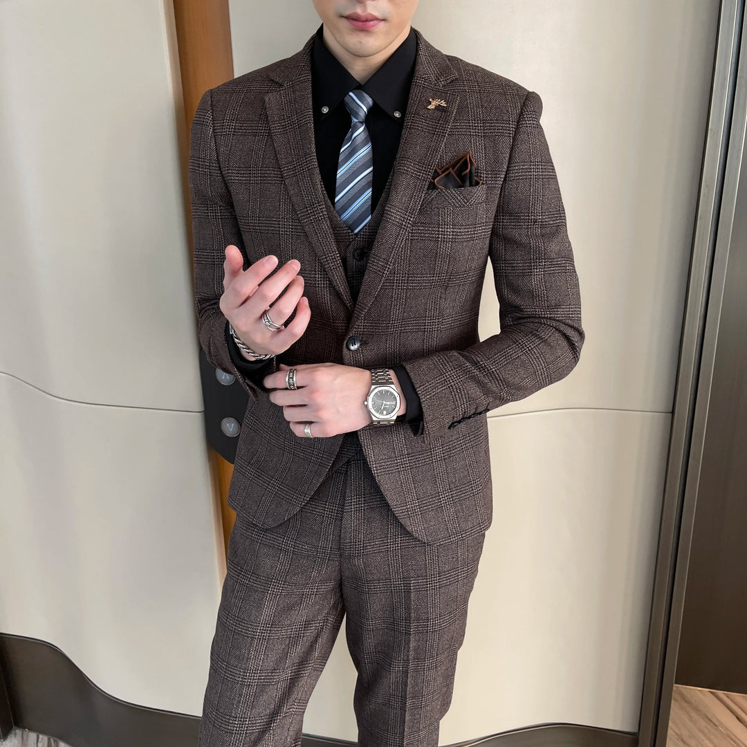 Traje De Invitados De Boda De 3 Piezas A Cuadros Para Hombre | Delgado Ajuste