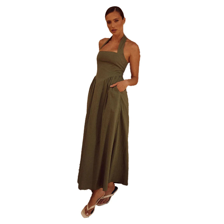 Vestido Elegante Sin Mangas Con Cuello Halter Para Mujer | Maxi