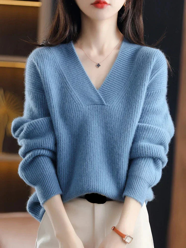 Jersey De Punto Con Cuello En V Para Mujer | Mangas Acanaladas