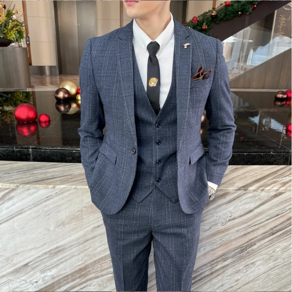 Traje De Invitados De Boda De 3 Piezas A Cuadros Para Hombre | Delgado Ajuste
