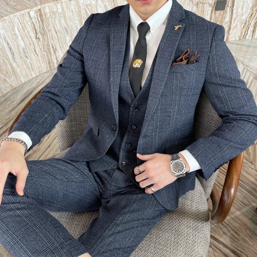 Traje De Invitados De Boda De 3 Piezas A Cuadros Para Hombre | Delgado Ajuste