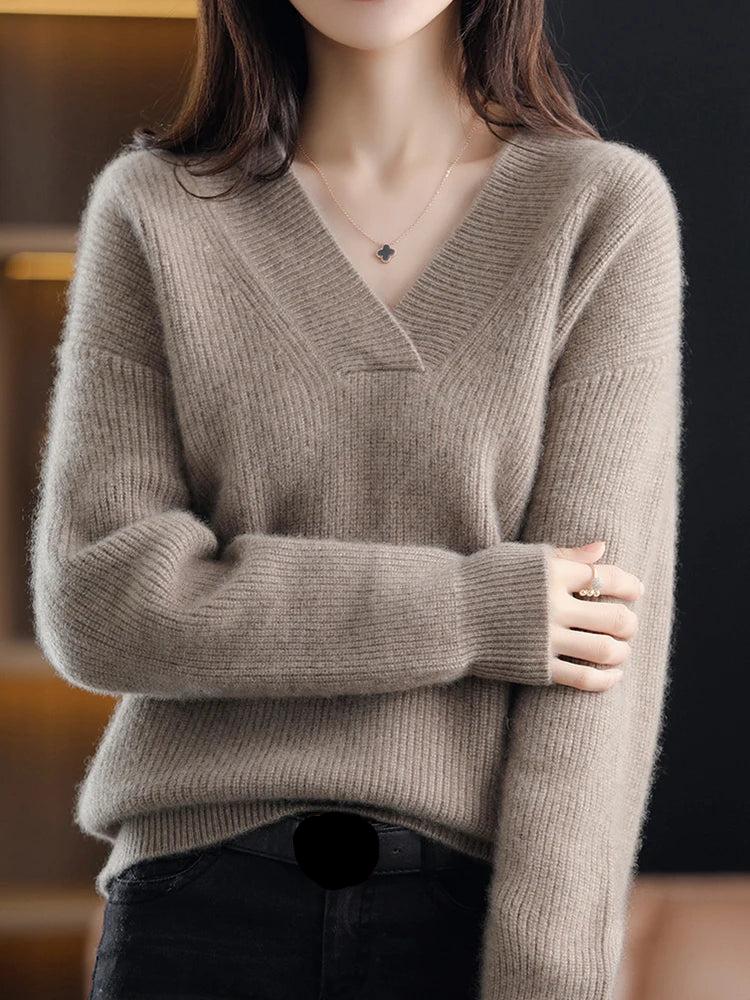 Jersey De Punto Con Cuello En V Para Mujer | Mangas Acanaladas