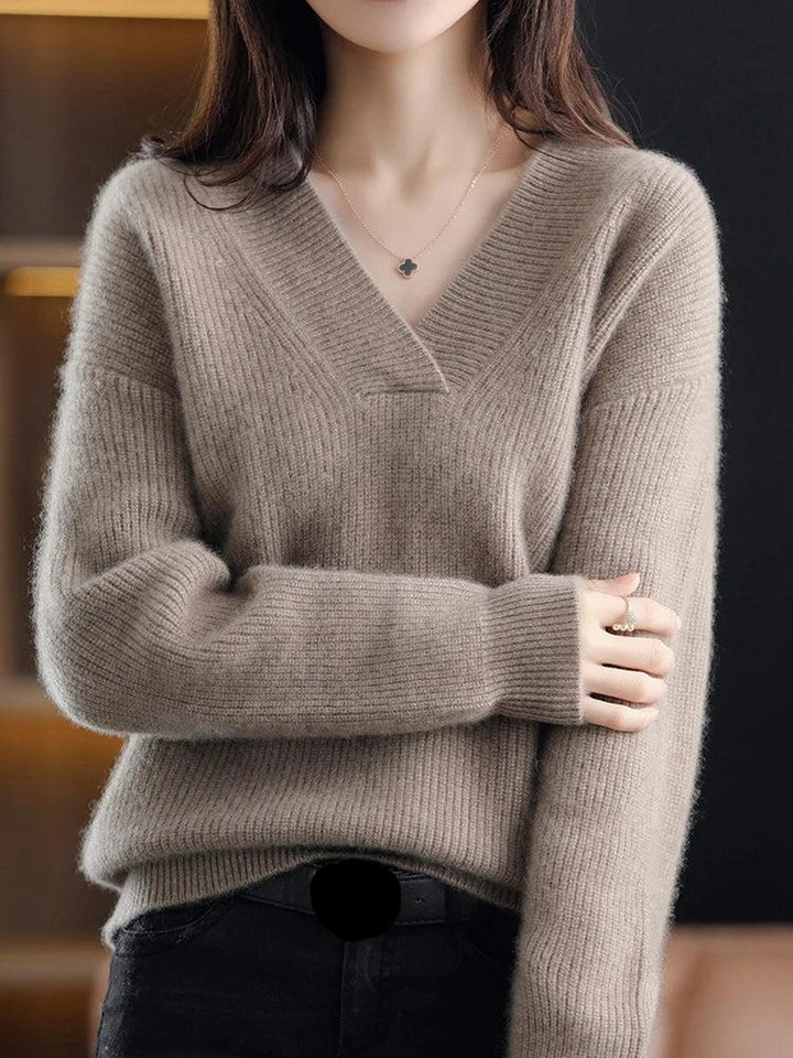 Jersey De Punto Con Cuello En V Para Mujer | Mangas Acanaladas