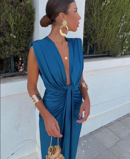 Vestido Acanalado Sin Mangas Con Cuello En V Para Mujer | Midi