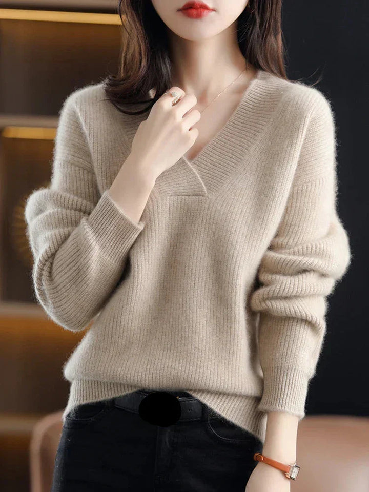 Jersey De Punto Con Cuello En V Para Mujer | Mangas Acanaladas