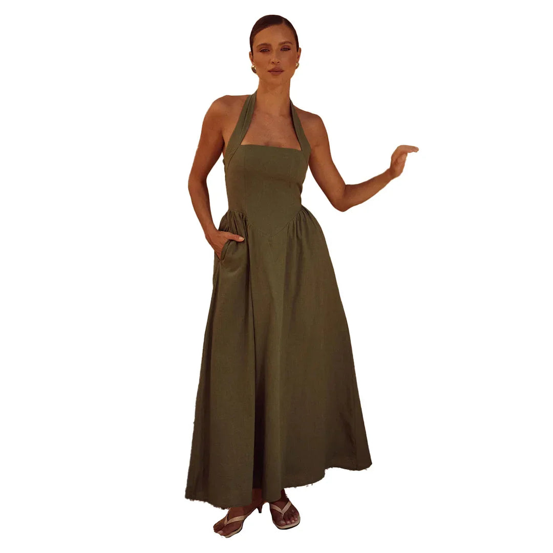 Vestido Elegante Sin Mangas Con Cuello Halter Para Mujer | Maxi