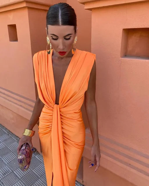 Vestido Acanalado Sin Mangas Con Cuello En V Para Mujer | Midi