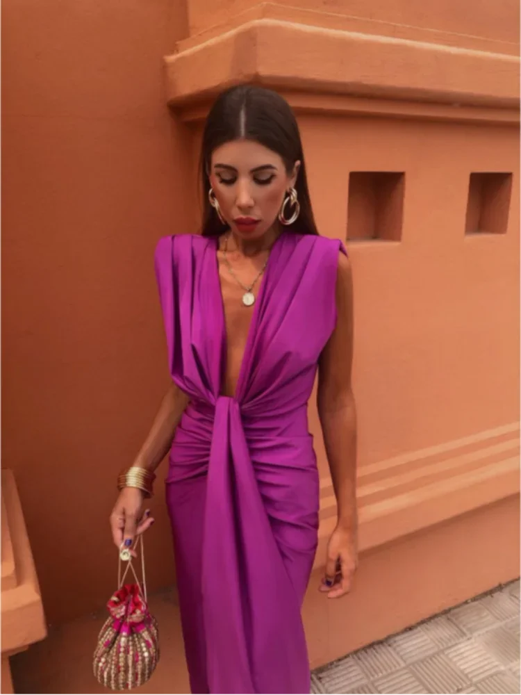 Vestido Acanalado Sin Mangas Con Cuello En V Para Mujer | Midi