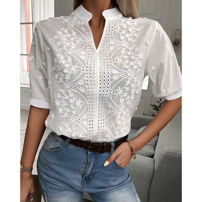 Blusa Cuello V Bordada Mujer | Manga Corta