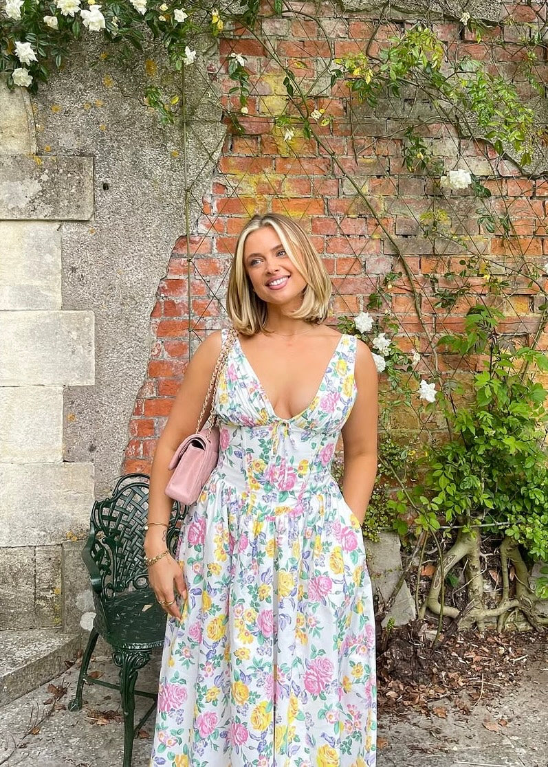 Vestido Sin Mangas Con Cuello En V Y Estampado Floral Para Mujer | Midi