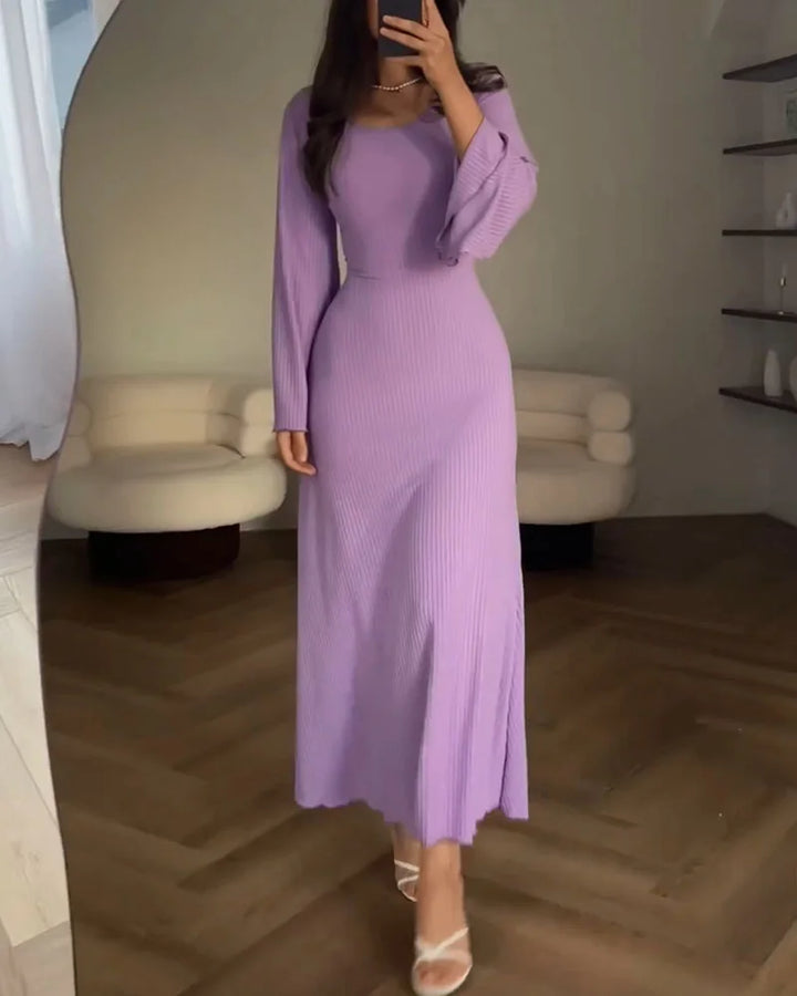 Vestido De Manga Larga De Punto Acanalado Para Mujer | Maxi