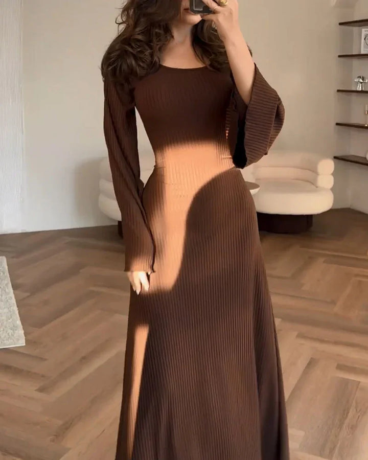 Vestido De Manga Larga De Punto Acanalado Para Mujer | Maxi