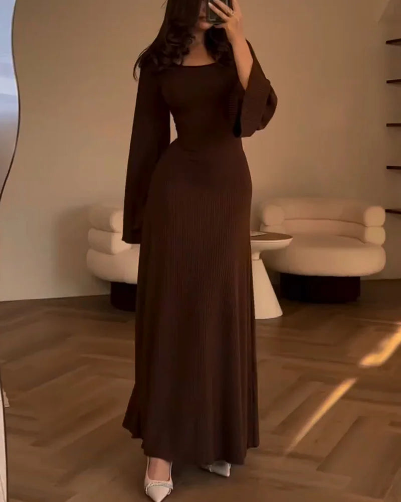 Vestido De Manga Larga De Punto Acanalado Para Mujer | Maxi